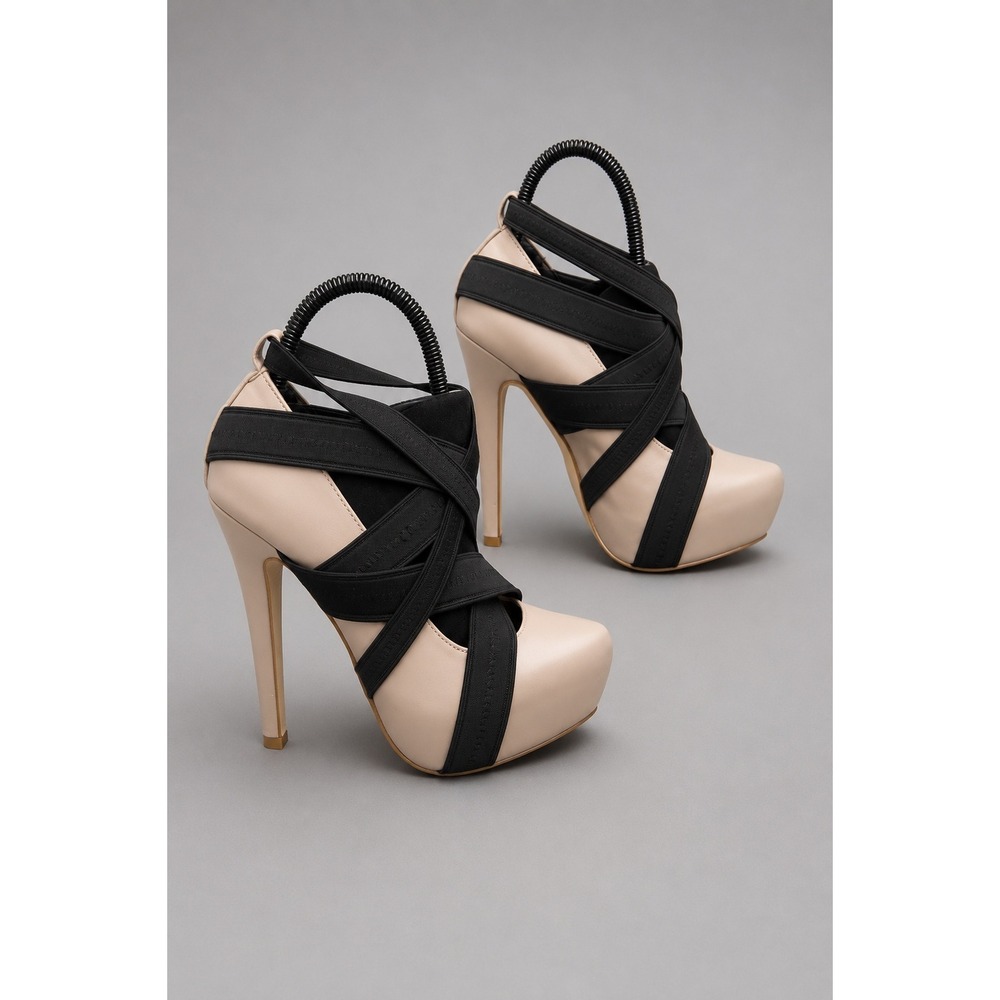 Colin Stuart 7.5B Nude Black Elastic Cross Strap Platform Stiletto Heel Pumps